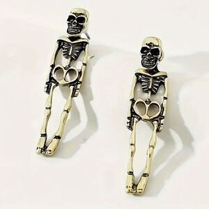 Halloween Dangle Skeleton Earrings In Brushed Gold